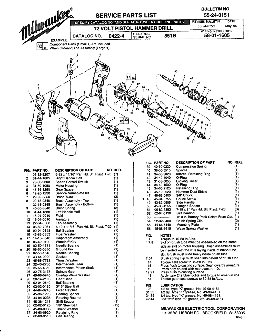Milwaukee 0422-4 851b Parts - 12 Volt Pistol Hammer Drill