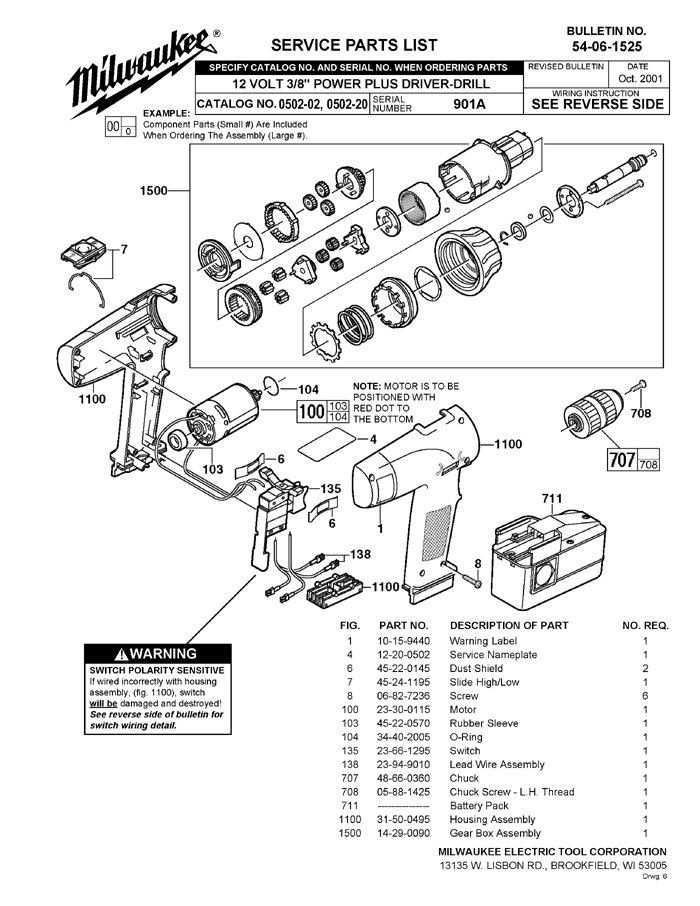 Milwaukee 0502-02 901a Parts - 12V 3/8" Cordless Drill