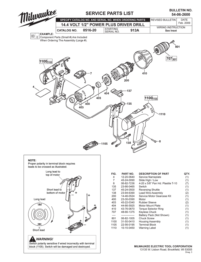 Milwaukee 0516-20 913a Parts - 14.4V 1/2" Cordless Drill