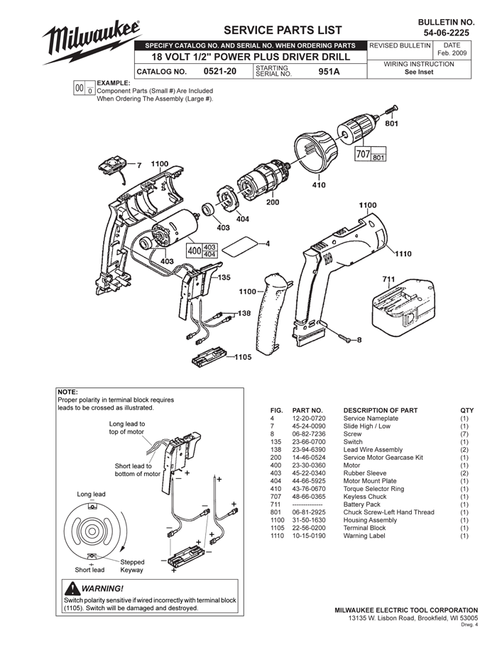 Milwaukee 0521-20 951a Parts - 18V 1/2" Cordless Drill