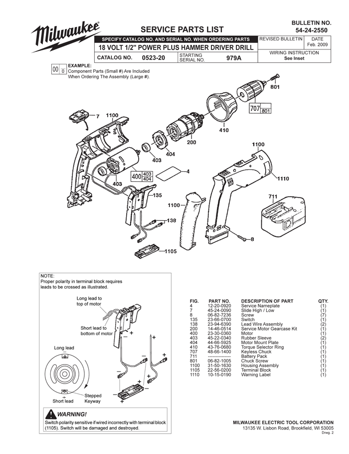Milwaukee 0523-20 979a Parts - 18V 1/2" Cordless Hammer Drill