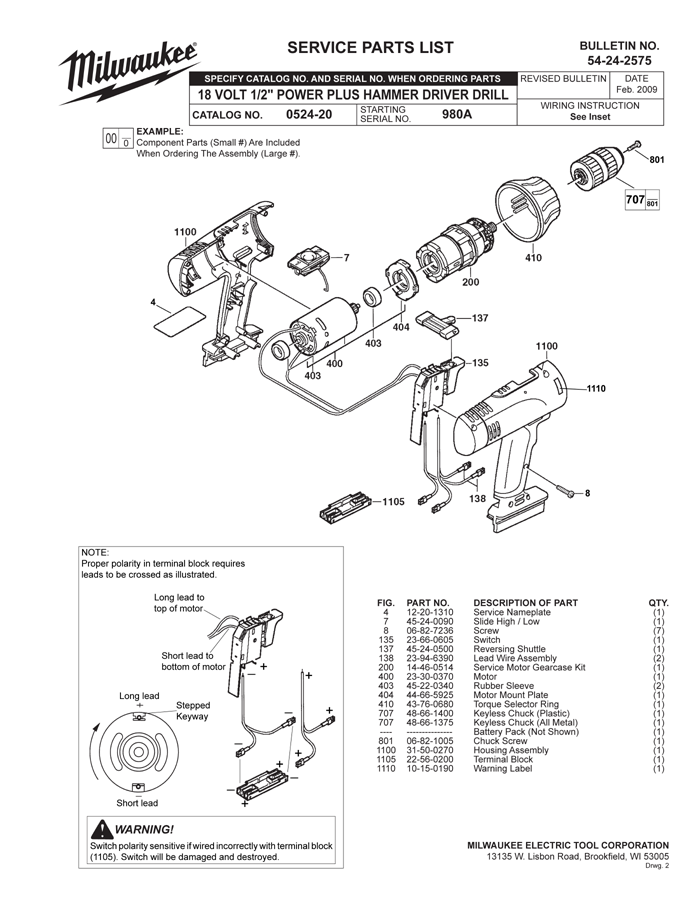 Milwaukee 0524-20 980a Parts - 18V 1/2" Cordless Hammer Drill