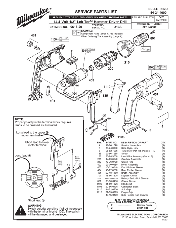 Milwaukee 0613-20 313a Parts - 14.4V 1/2" Lok-Tor Hammer Driver Drill