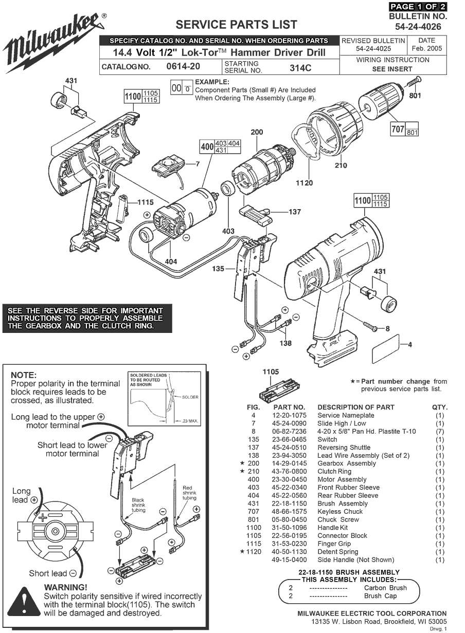 Milwaukee 0614-20 314c Parts - 14.4 Volt 1/2" Lok-Tor Hammer Driver Drill