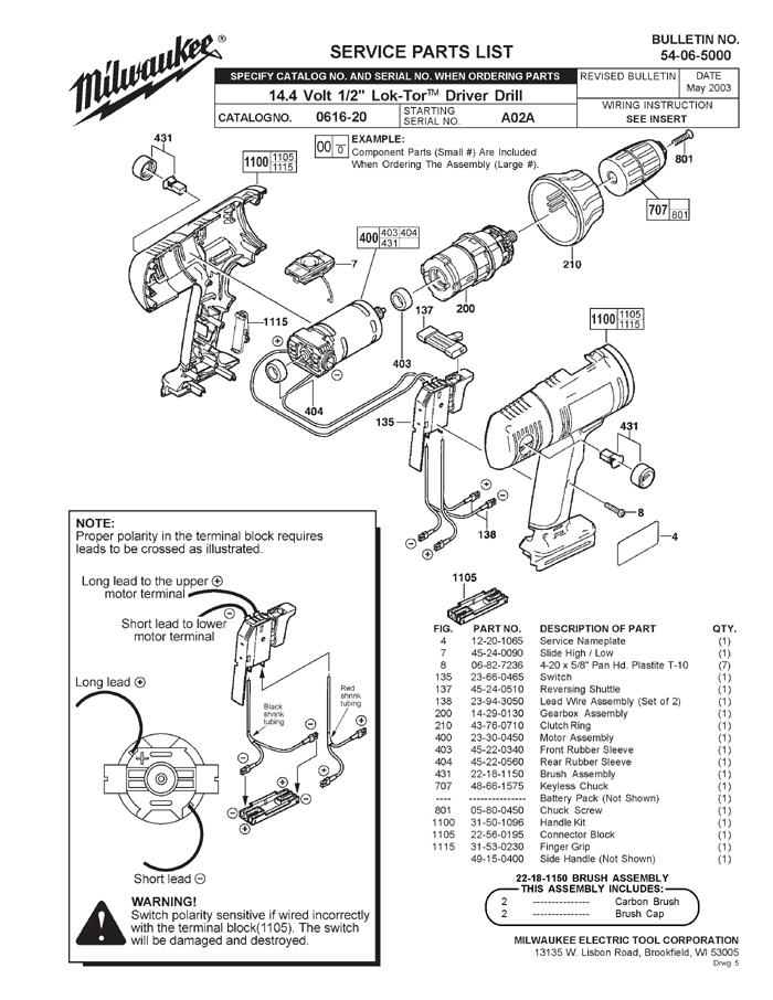 Milwaukee 0616-20 a02a Parts - 14.4V 1/2" Lok-Tor Hammer Driver Drill