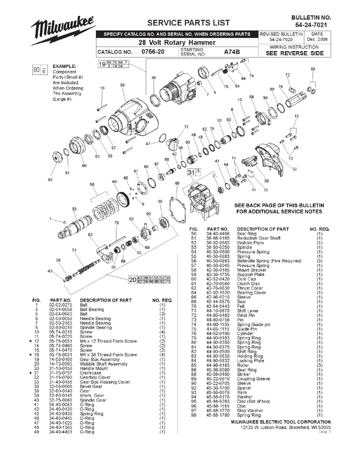 Milwaukee 0756-20 a74b Parts - 28 Volt Rotary Hammer