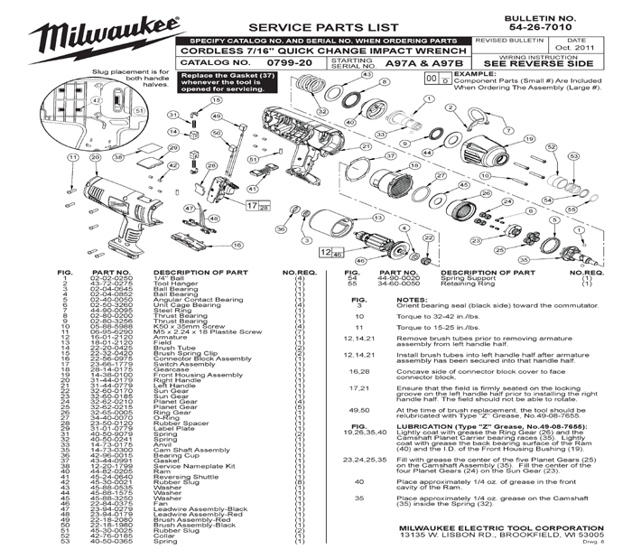 Milwaukee 0799-20 a97a Parts - Cordless 7/16" Quick Change Impact Wrench