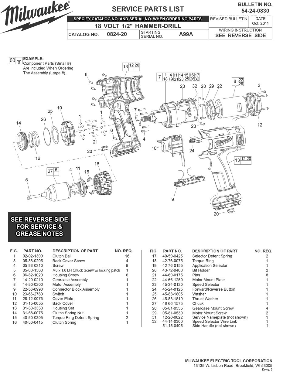 Milwaukee 0824-20 a99a Parts - 18 Volt 1/2" Hammer-Drill