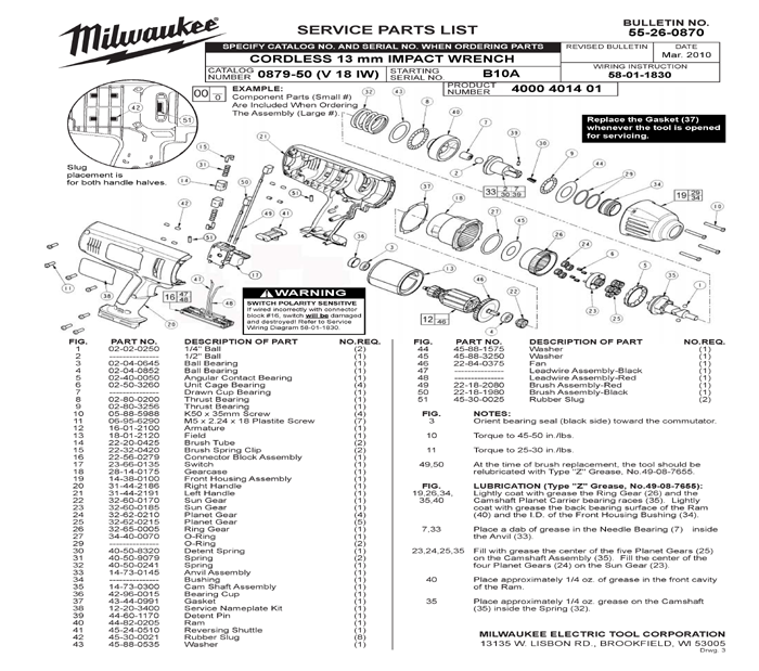Milwaukee 0879-22 b10a Parts - Cordless 1/2" 13mm Impact Wrench