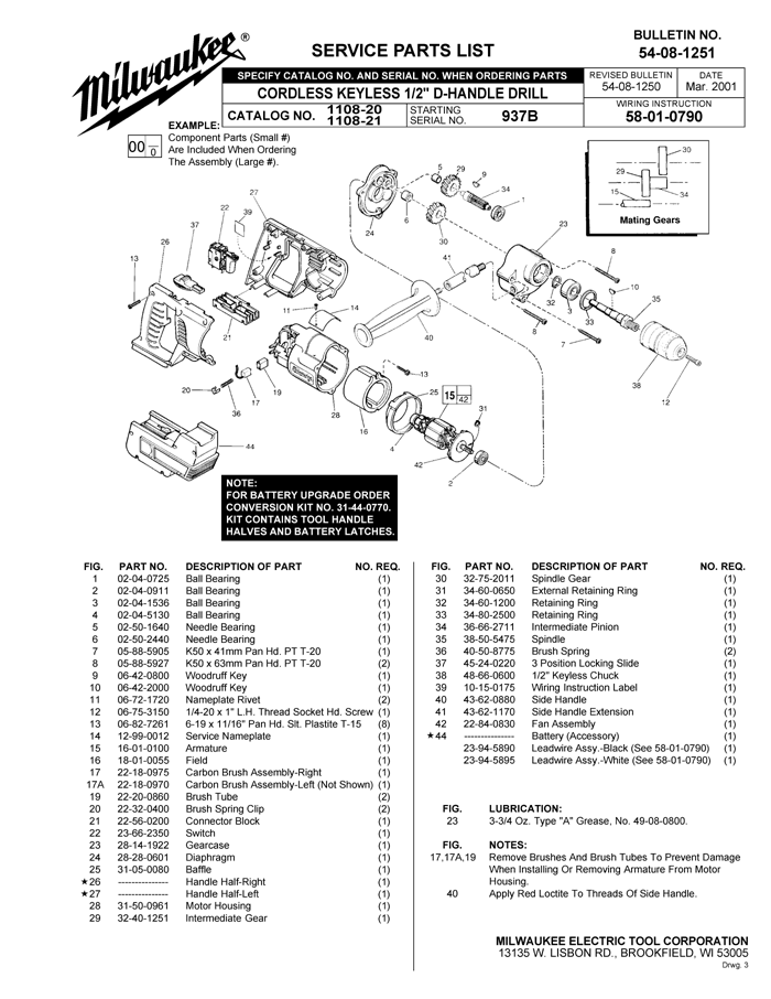 Milwaukee 1108-21 937b Parts - Cordless 18 Volt Keyless 1/2" D-Handle Drill