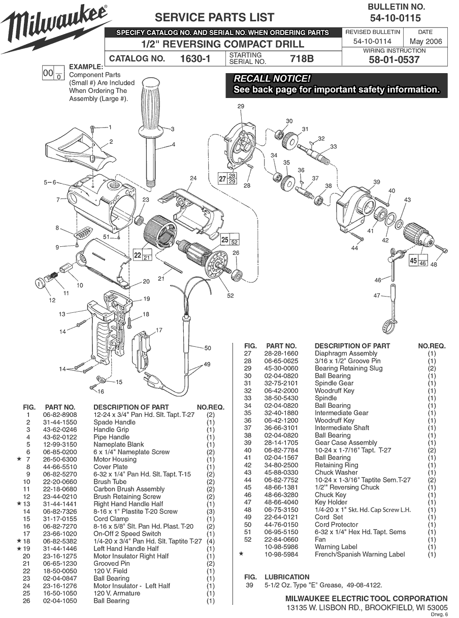 Milwaukee 1630-1 718b Parts - 1/2" REVERSING COMPACT DRILL