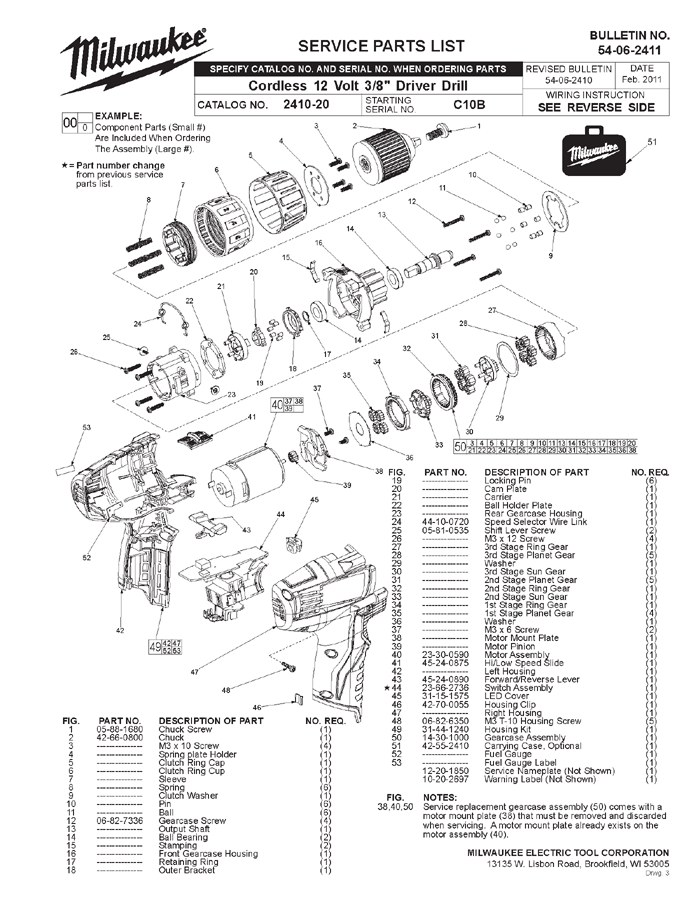 Milwaukee 2410-20 c10b Parts - Cordless 12 Volt 3/8" Driver Drill