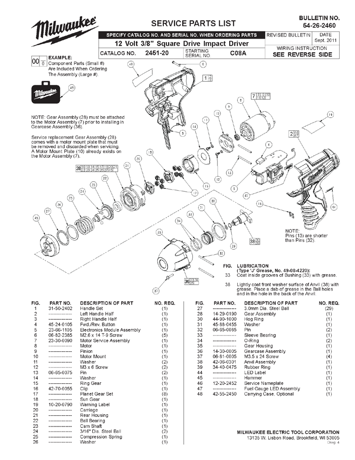 Milwaukee 2451-20 c08a Parts - 12 Volt 3/8" Square Impact Driver