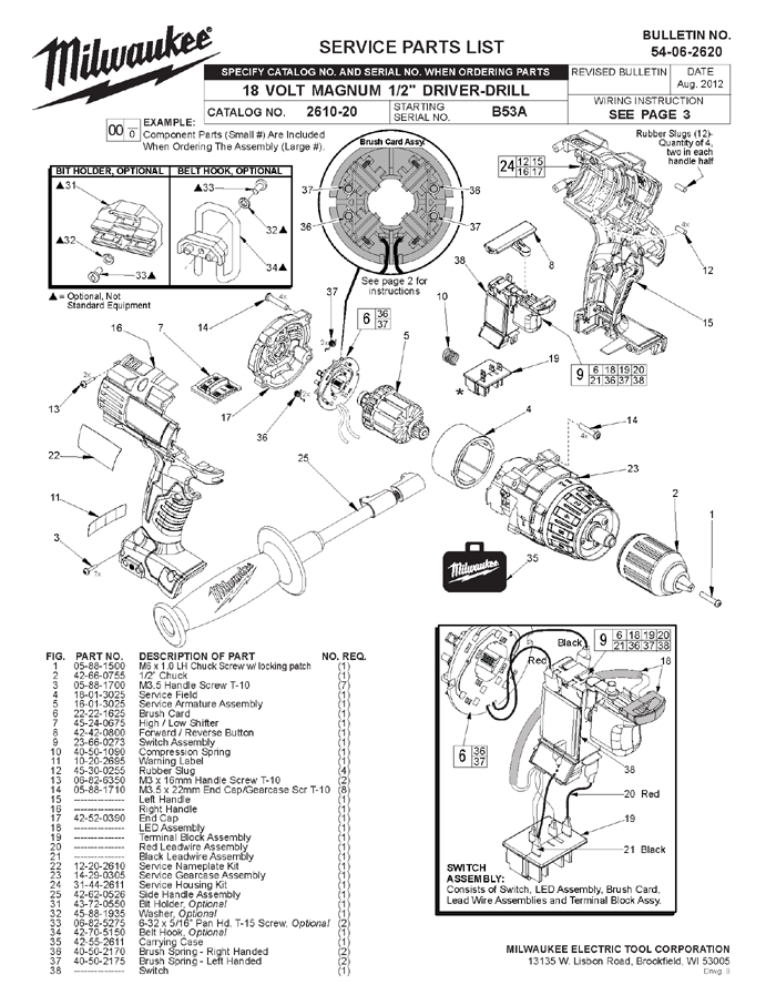 Milwaukee 2610-20 b53a Parts - 18 Volt MAGNUM 1/2" Driver Drill