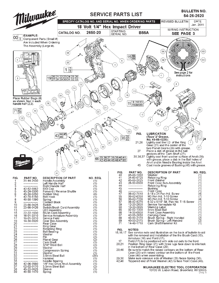 Milwaukee 2650-20 b55a Parts - 18 Volt 1/4" Hex Impact Driver