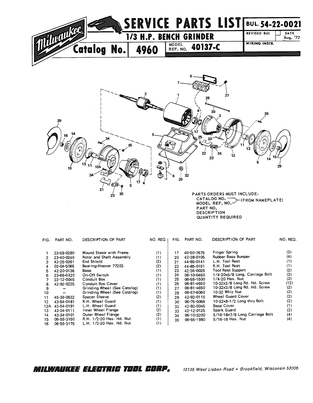 Milwaukee 4960 40137-c Parts - 1/3 H.P. Bench Grinder
