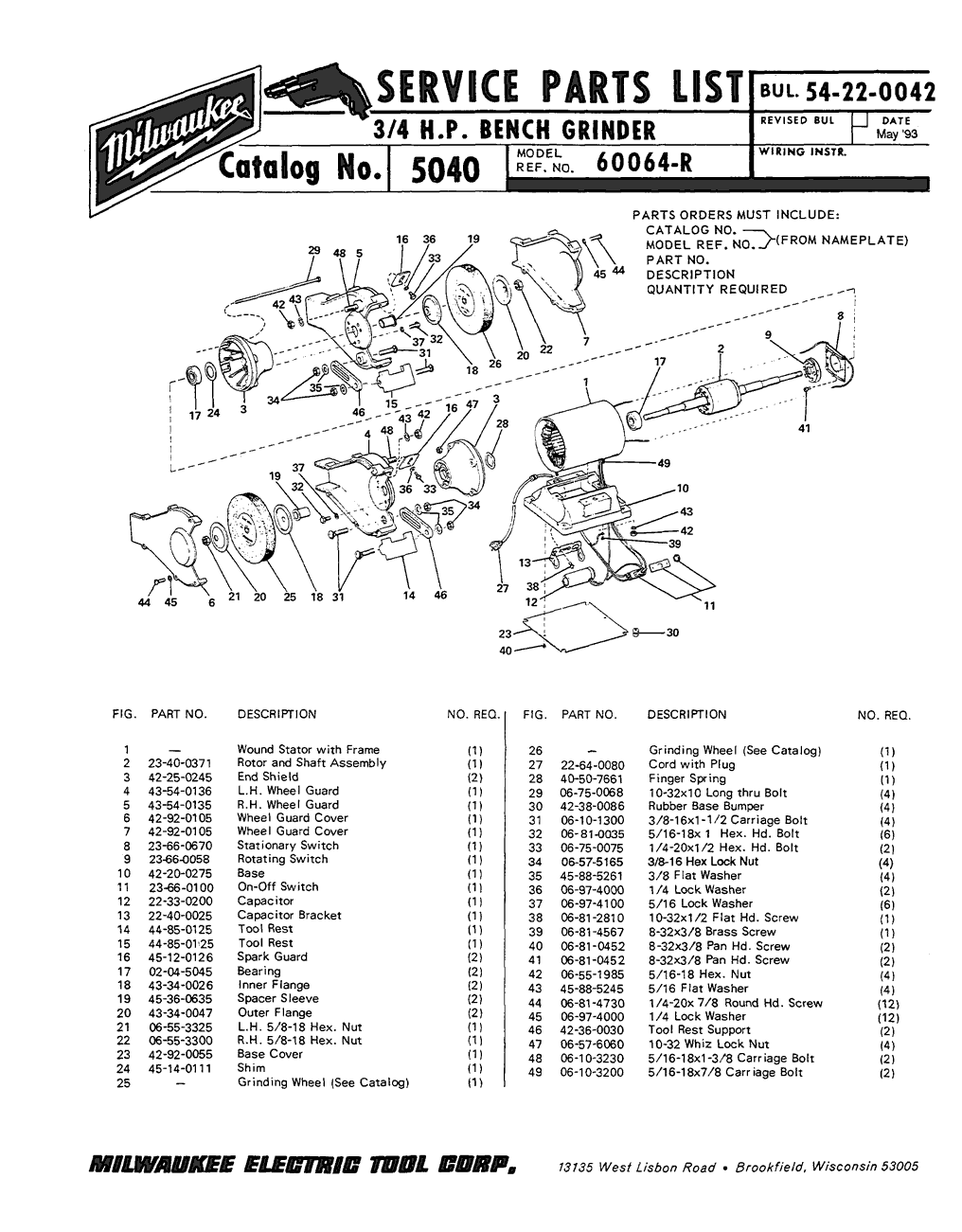 Milwaukee 5040 60064-r Parts - 3/4 H.P. Bench Grinder
