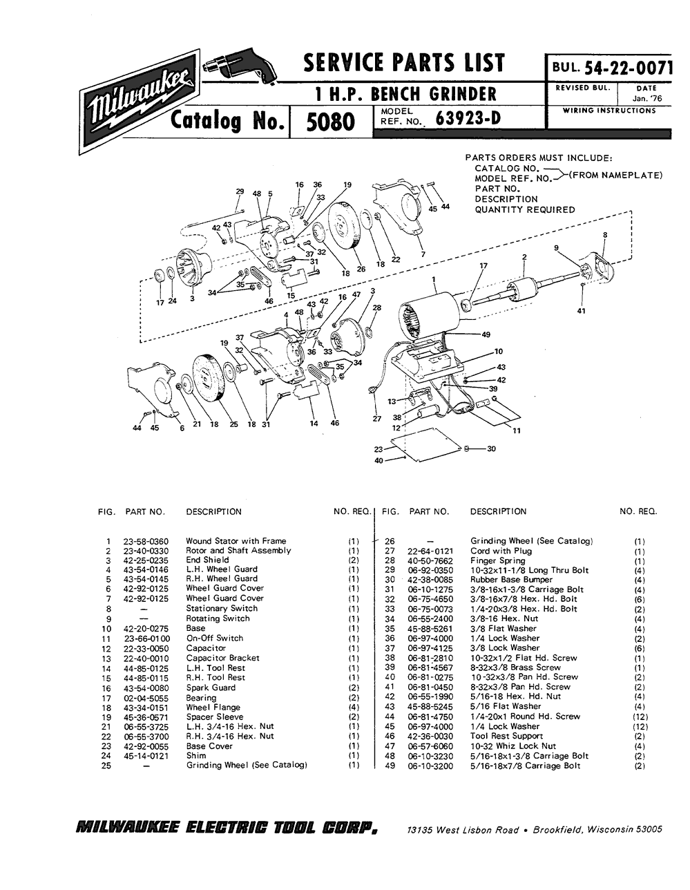 Milwaukee 5080 63923-d Parts - 1 H.P. Bench Grinder