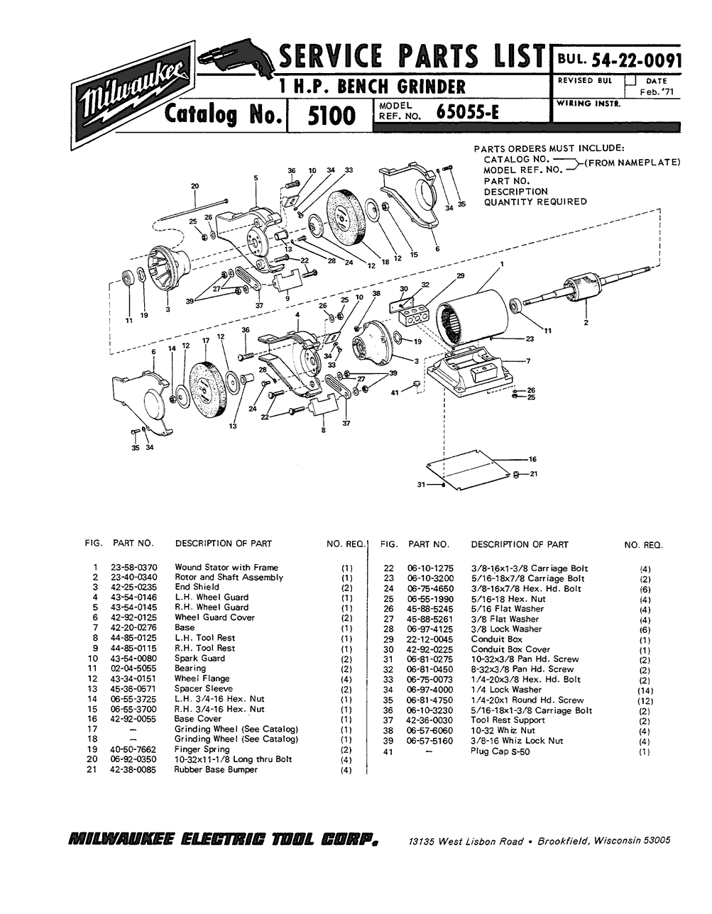 Milwaukee 5100 65055-e Parts - 1 H.P. Bench Grinder