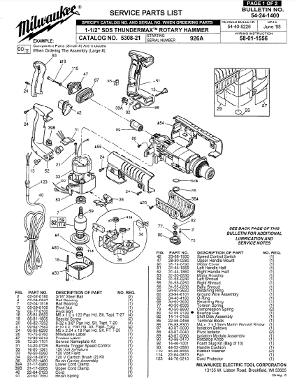 Milwaukee 5308-21 926a Parts - 1-1/2" SDS THUNDERMAX ROTARY HAMMER