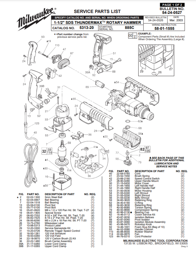 Milwaukee 5313-20 885c Parts - 1-1/2" SDS THUNDERMAX ROTARY HAMMER