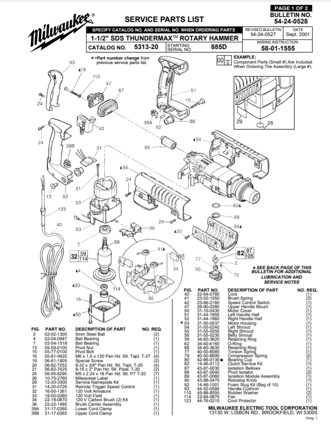 Milwaukee 5313-20 885d Parts - 1-1/2" SDS THUNDERMAX ROTARY HAMMER