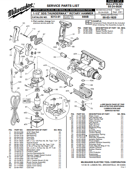 Milwaukee 5313-51 885b Parts - 1-1/2" SDS THUNDERMAX ROTARY HAMMER