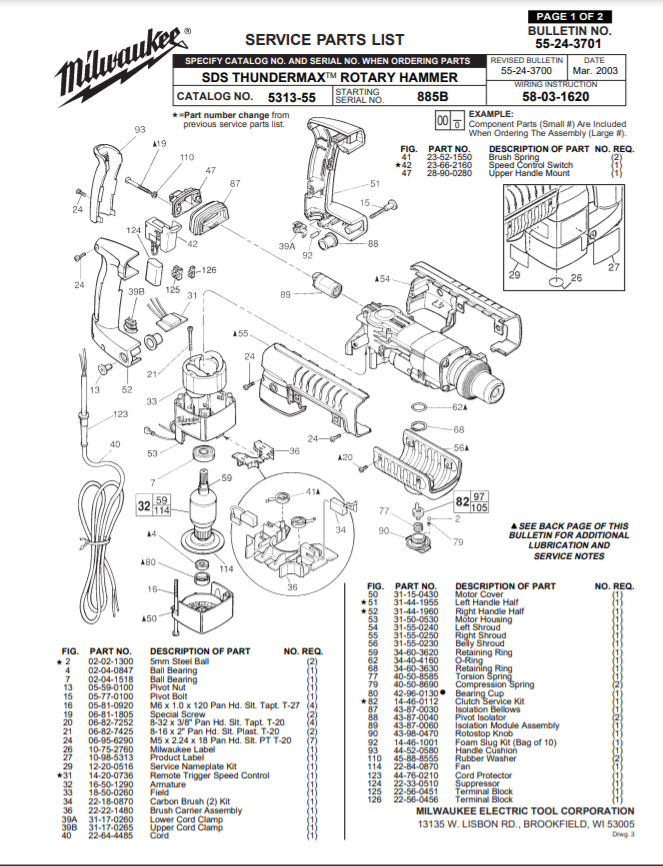 Milwaukee 5313-55 885b Parts - SDS THUNDERMAX ROTARY HAMMER