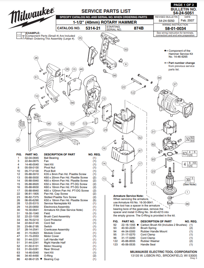 Milwaukee 5314-21 874b Parts - 1-1/2" (40mm) ROTARY HAMMER