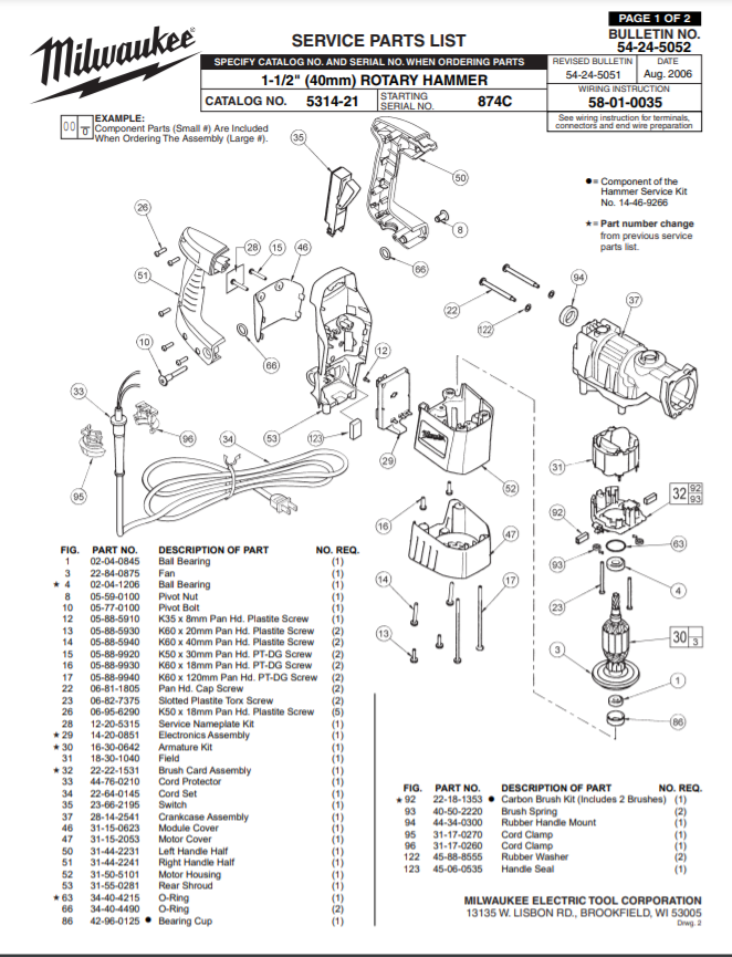 Milwaukee 5314-21 874c Parts - 1-1/2" (40mm) ROTARY HAMMER