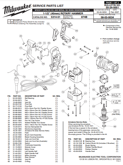 Milwaukee 5314-51 874b Parts - 1-1/2" (40mm) ROTARY HAMMER