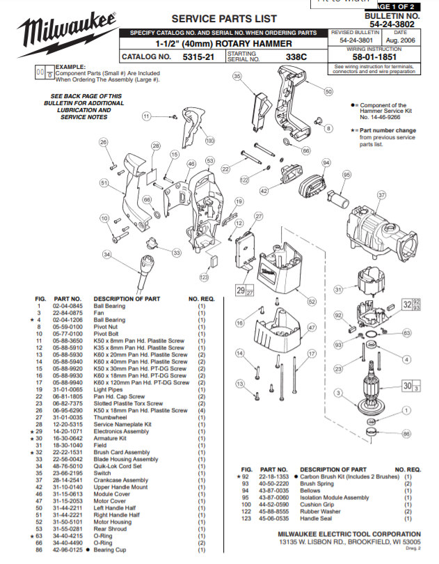 Milwaukee 5315-21 338c Parts - 1-1/2" (40mm) ROTARY HAMMER