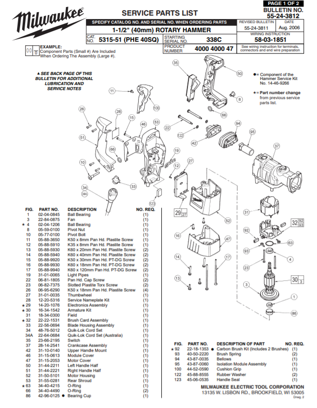 Milwaukee 5315-51 338c Parts - 1-1/2" (40mm) ROTARY HAMMER
