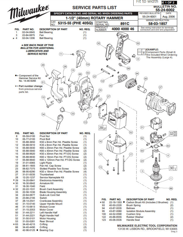 Milwaukee 5315-55 891c Parts - 1-1/2" (40mm) ROTARY HAMMER