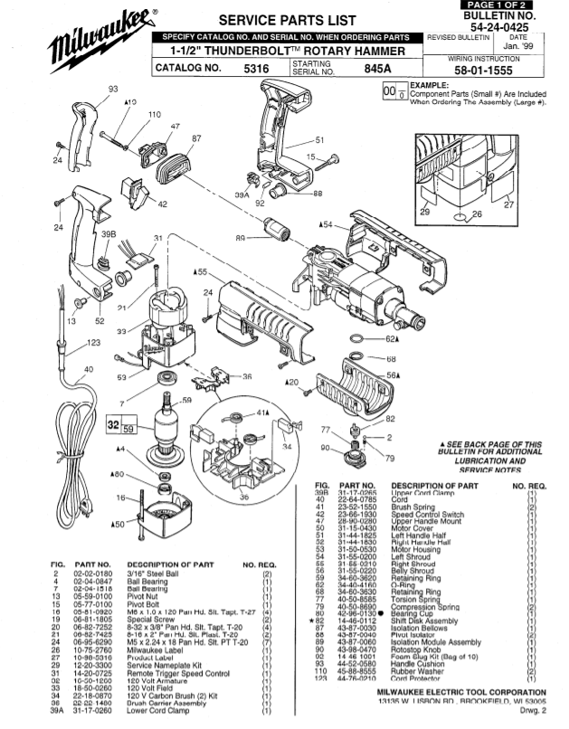 Milwaukee 5316 845a Parts - 1-1/2" THUNDERBOLT ROTARY HAMMER
