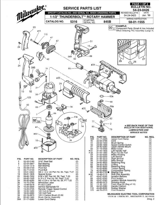 Milwaukee 5316 845b Parts - 1-1/2" THUNDERBOLT ROTARY HAMMER