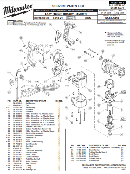 Milwaukee 5318-21 886c Parts - 1-1/2" (40mm) ROTARY HAMMER