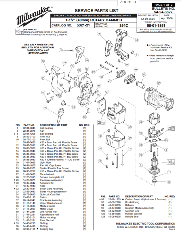 Milwaukee 5321-21 354c Parts - 1-1/2" (40mm) ROTARY HAMMER