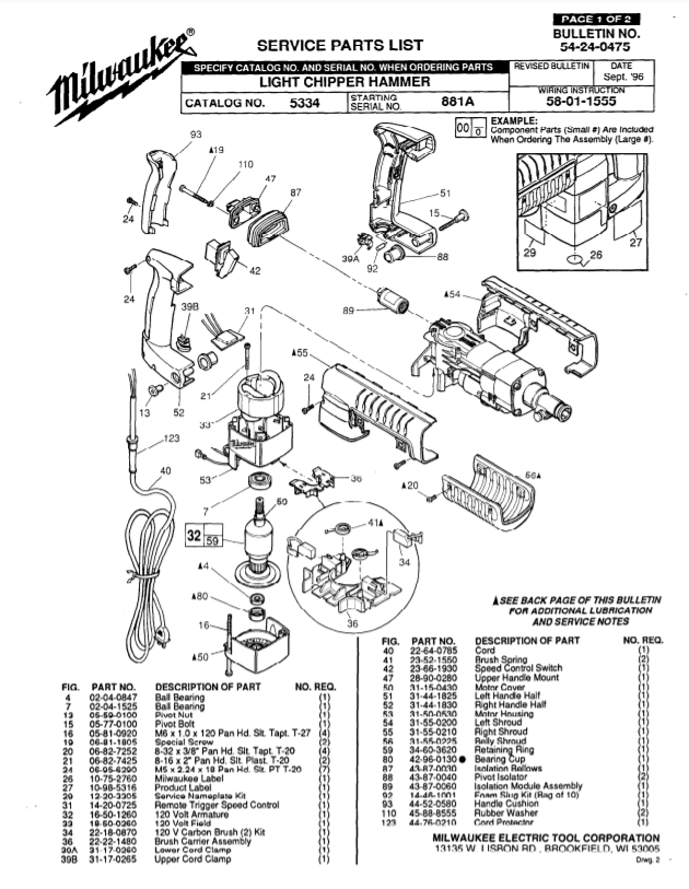 Milwaukee 5334 881a Parts - Light Chipper Hammer