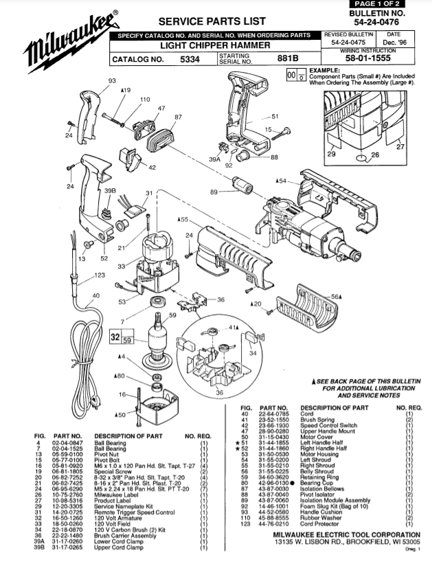 Milwaukee 5334 881b Parts - Light Chipper Hammer