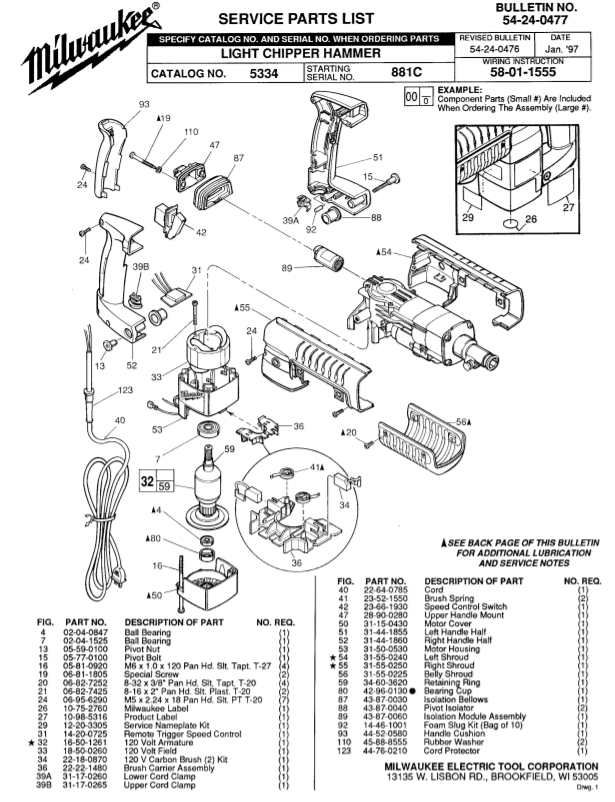 Milwaukee 5334 881c Parts - Light Chipper Hammer