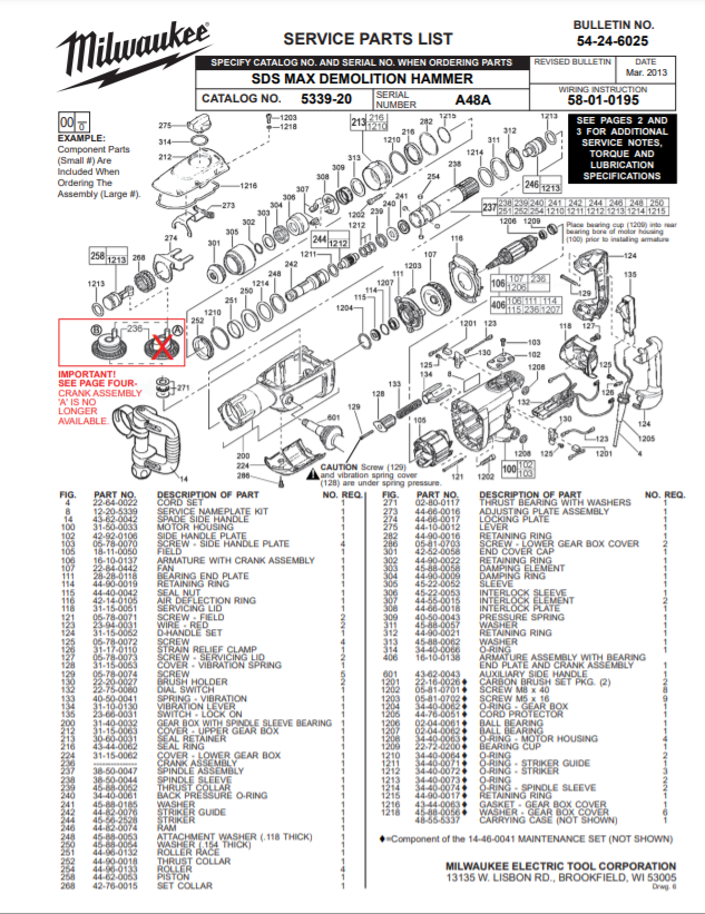 Milwaukee 5339-20 a48a Parts - SDS MAX DEMOLITION HAMMER