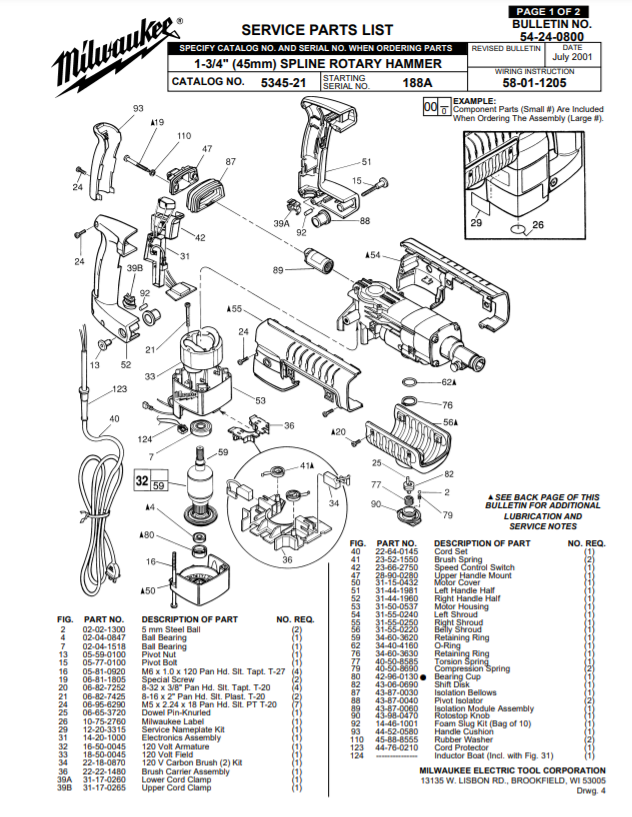 Milwaukee 5345-21 188a Parts - 1-3/4" (45mm) SPLINE ROTARY HAMMER