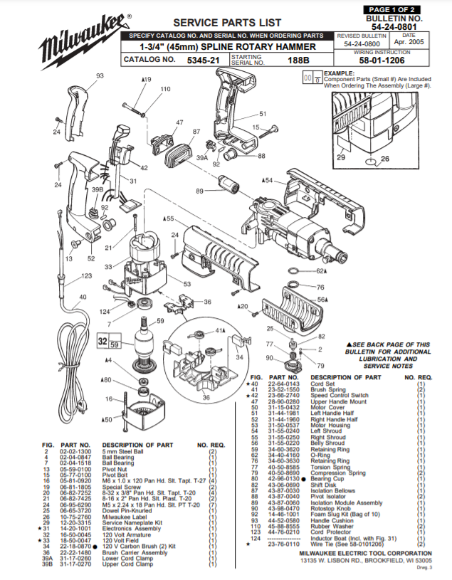 Milwaukee 5345-21 188b Parts - 1-3/4" (45mm) SPLINE ROTARY HAMMER