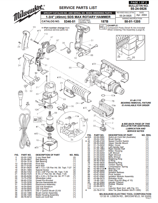 Milwaukee 5346-51 187b Parts - 1-3/4" (45mm) SDS MAX ROTARY HAMMER