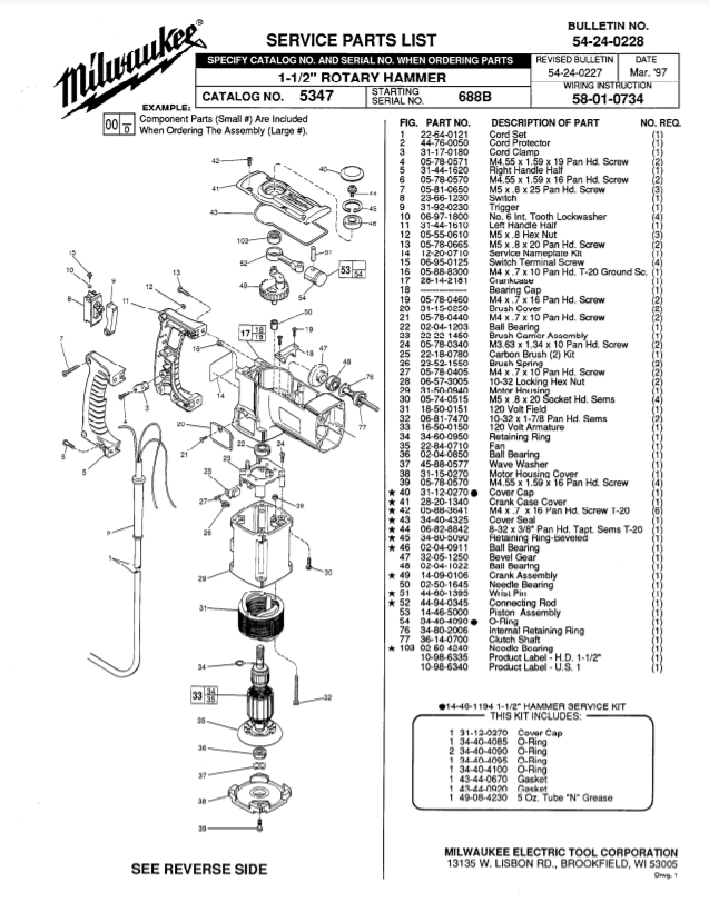 Milwaukee 5347 688b Parts - 1-1/2" ROTARY HAMMER