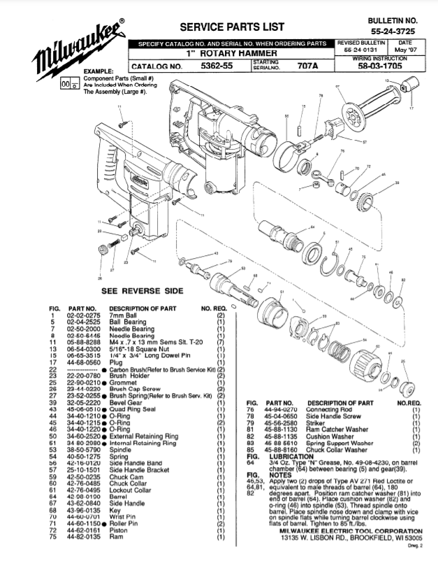 Milwaukee 5362-55 707a Parts - 1" ROTARY HAMMER