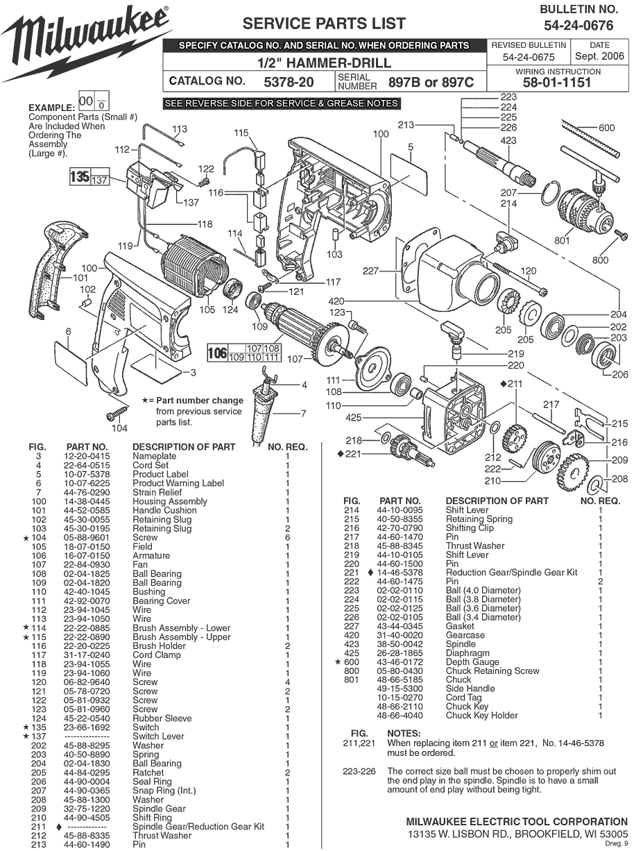 Milwaukee 5378-20 897b Parts - 1/2" Hammer-Drill