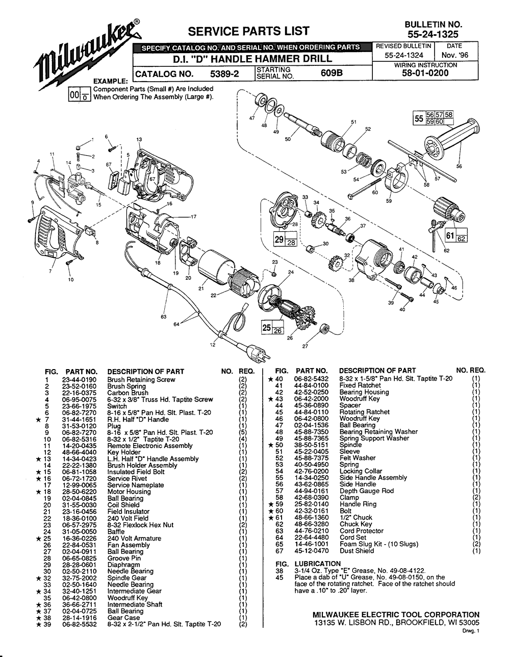 Milwaukee 5389-2 609b Parts - D-Handle Hammer-Drill D.I.