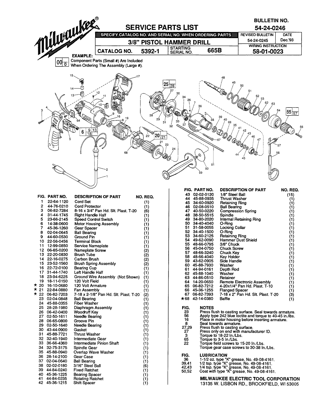 Milwaukee 5392-1 665b Parts - 3/8" Pistrol Hammer Drill